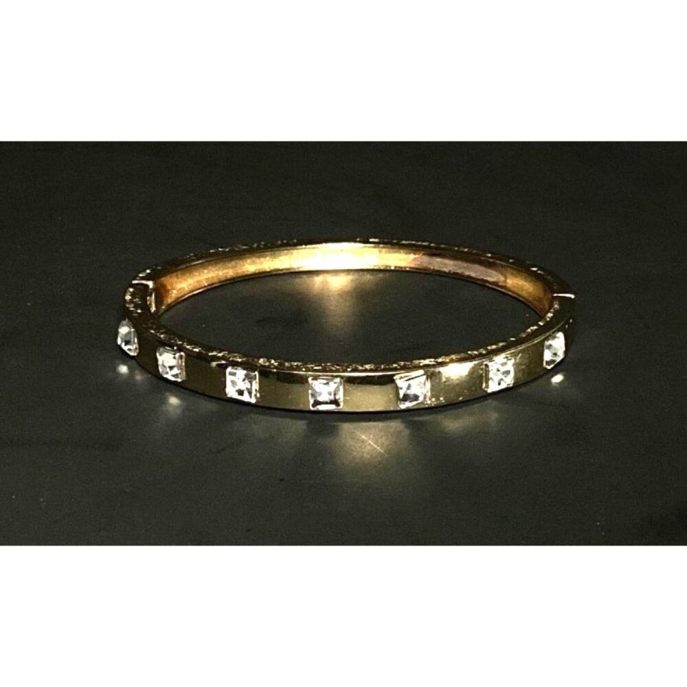 Gold Tone Hinged Metal Clamper Bangle Bracelet with Rhinestones - Picture 1 of 7